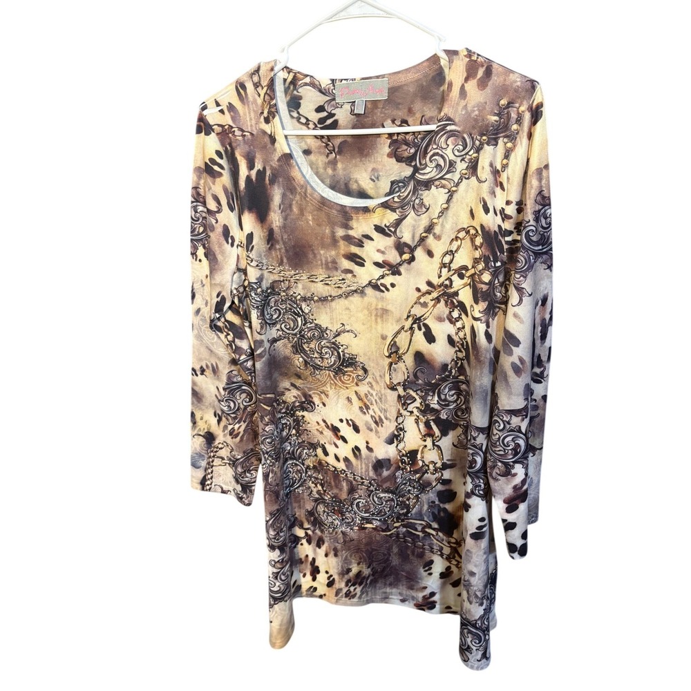 Pretty Angel Womens Large Tunic  Leopard Baroque Chain Print Rhinestone 3/4 Slv